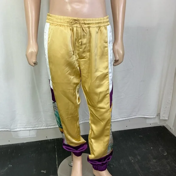 NEW AlphaStyle Yowl Yellow Colorblock Parachute Satin Jogger Pants Size L